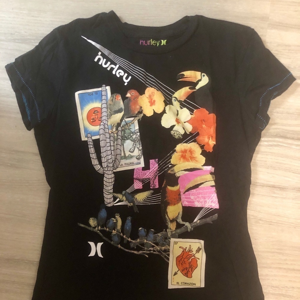 Hurley Black Tee with Multicolor Tropical Graphic